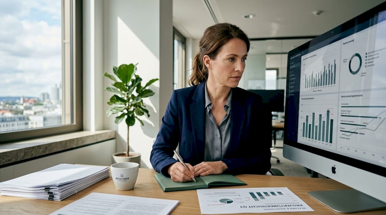 Eine Frau analysiert GEO-Kennzahlen auf ihrem Bildschirm.