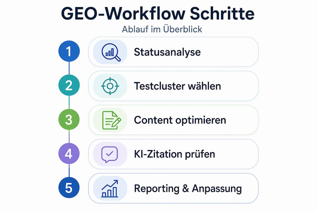 Übersichtsgrafik: Die fünf wichtigsten Schritte im GEO-Workflow auf einen Blick