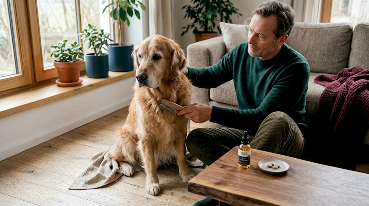 Ein Golden Retriever genießt eine liebevolle Fellpflege.