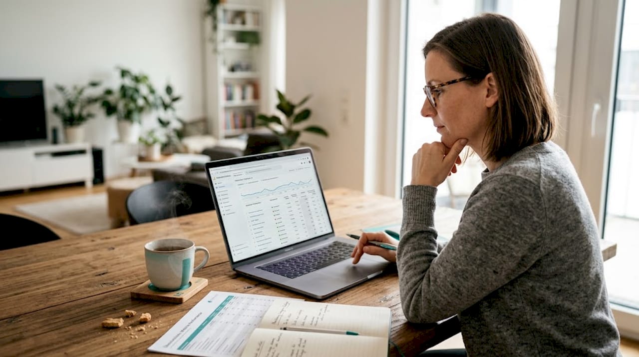 Eine Frau sitzt am Küchentisch und überprüft die aktuellen Conversion-Daten auf ihrem Laptop.
