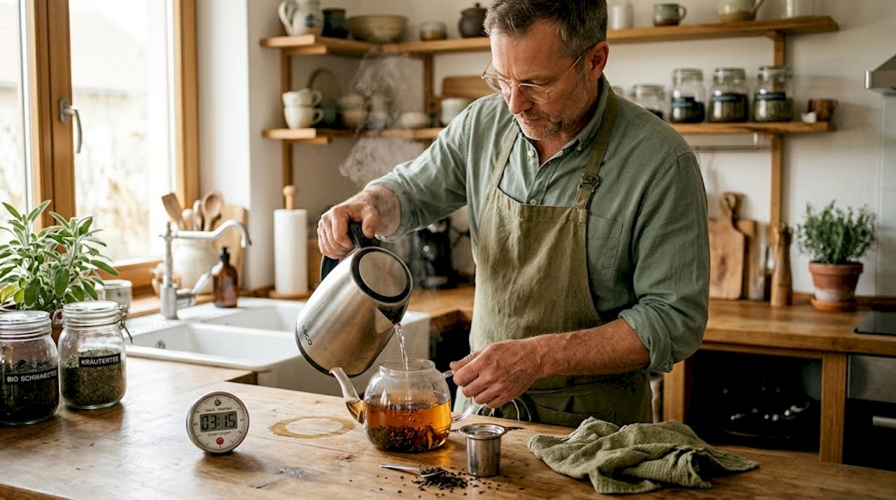 Ein Mann bereitet in seiner Küche eine Tasse schwarzen Bio-Tee zu.
