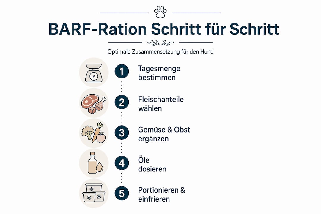 Mit dieser Infografik gelingt die BARF-Fütterung in fünf unkomplizierten Schritten.