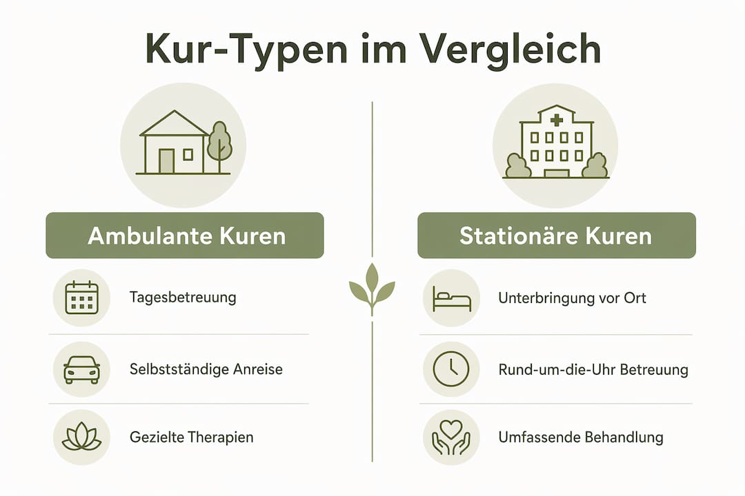 Die Infografik veranschaulicht die Unterschiede zwischen ambulanten und stationären Kuren auf einen Blick.