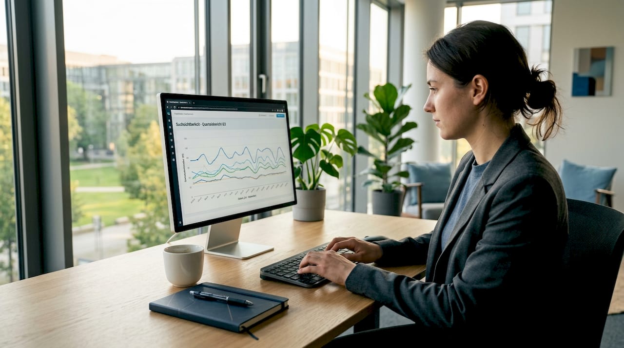 Arbeitsplatz mit Laptop, auf dem eine Grafik zur Sichtbarkeit in den Suchergebnissen angezeigt wird