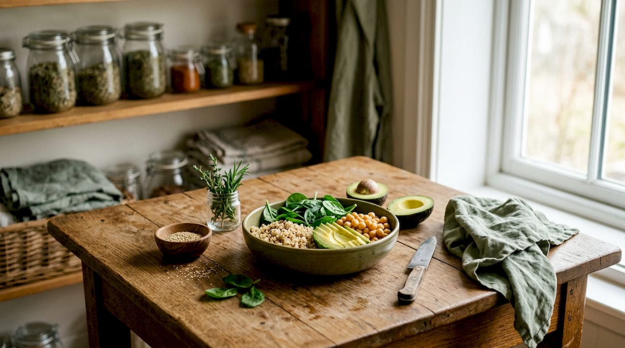 Frische Zutaten für eine stressfreie Bowl liegen bereit auf dem Schneidebrett.