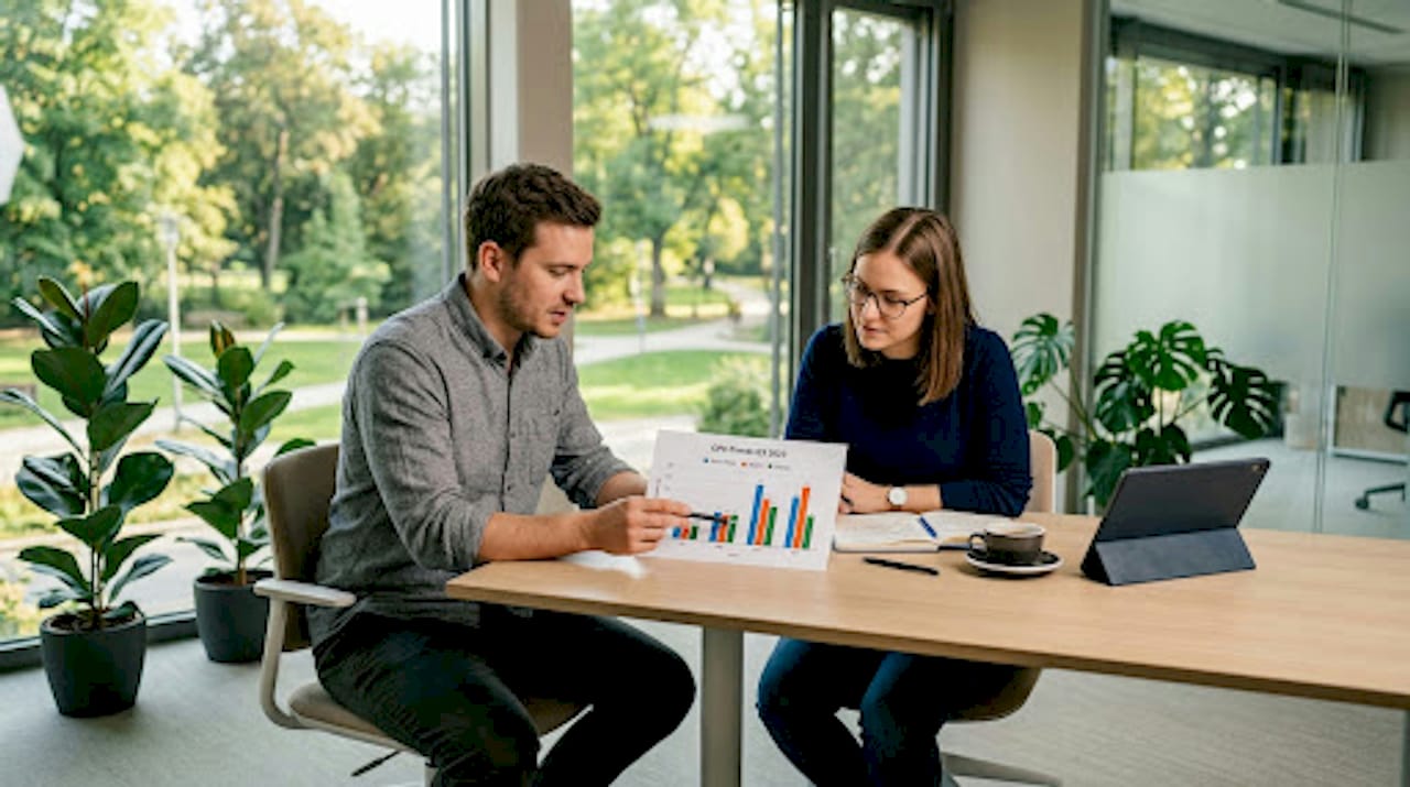 Zwei Marketing-Experten sitzen gemeinsam am Tisch und analysieren eine Grafik mit Klickpreisen.
