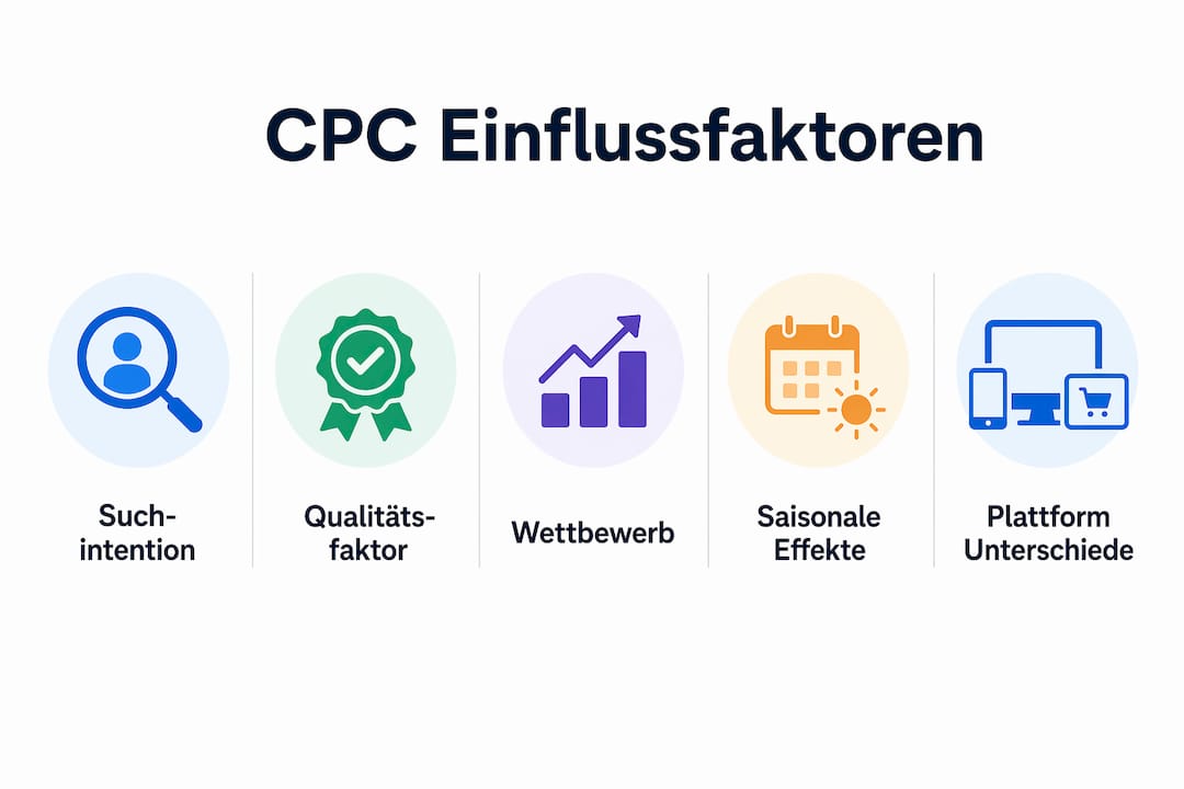 Diese Infografik veranschaulicht, welche Faktoren den Cost-per-Click (CPC) im Marketing maßgeblich beeinflussen.