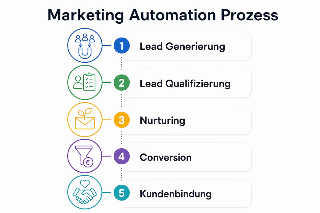 Die Infografik veranschaulicht anschaulich, wie der Marketing-Automation-Prozess Schritt für Schritt aufgebaut ist.