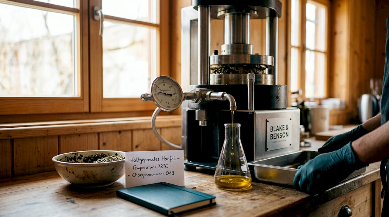 Mit einer modernen Kaltpressanlage wird hochwertiges, goldgelbes Öl als Nahrungsergänzungsmittel gewonnen.