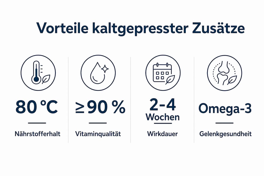 In einer anschaulichen Infografik werden die Vorteile von kaltgepressten Nahrungsergänzungen für Hunde übersichtlich dargestellt.