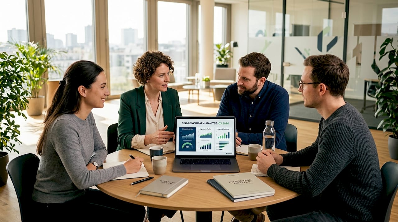 Das Marketing-Team tauscht sich über relevante SEO-Kennzahlen und deren Entwicklung aus.