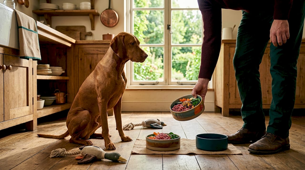 Ein Hund frisst zu Hause aus seinem Napf frisches BARF-Futter.
