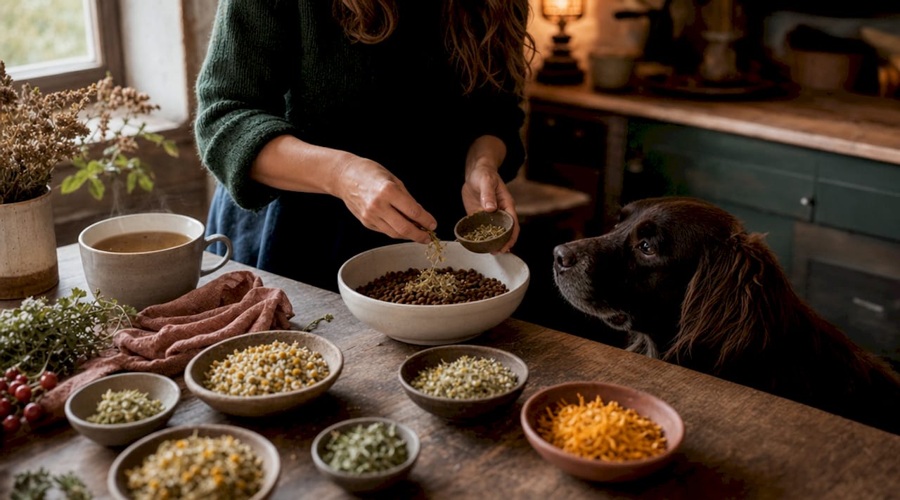 Mit viel Sorgfalt werden Kräuterpräparate für das Hundefutter vorbereitet.