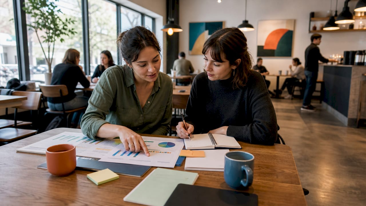 Zwei Kolleginnen und Kollegen tauschen sich darüber aus, ob Growth-Marketing oder klassisches Marketing die bessere Strategie ist.