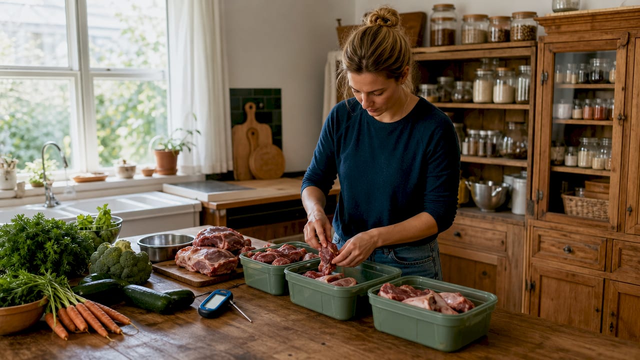 Mit den Händen wird Fleisch für die BARF-Fütterung in Portionen aufgeteilt.