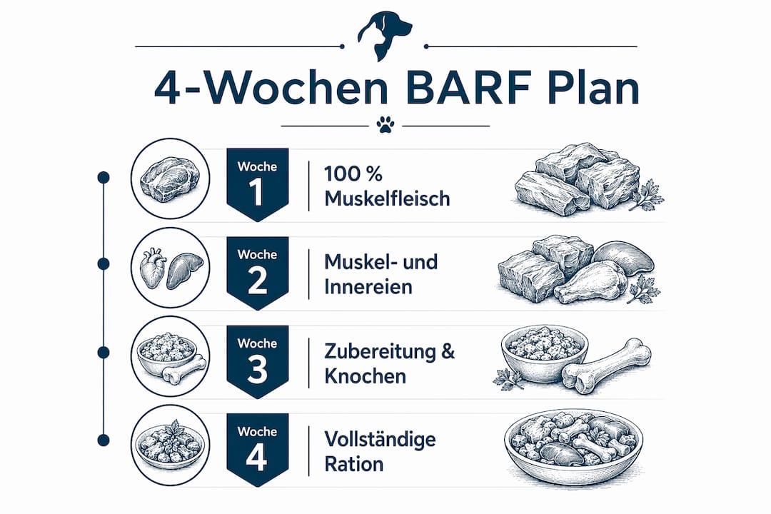 Übersichtlicher 4-Wochen-Futterplan für BARF – als Infografik auf einen Blick