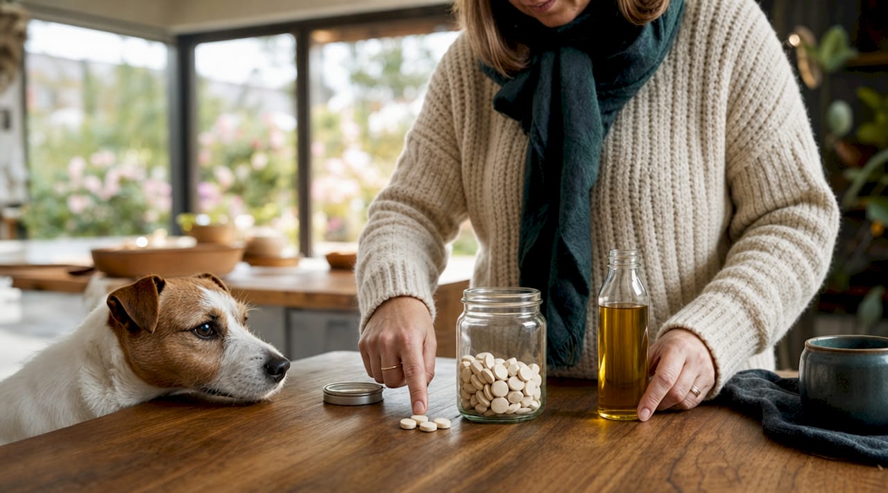 Ein Hund sitzt am Küchentisch, neben ihm stehen Gelenkkapseln bereit.