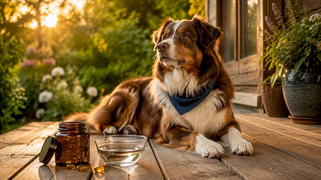 Ein Hund genießt die frische Luft auf einer grünen Wiese – unterstützt durch Coenzym Q10 als Nahrungsergänzung.