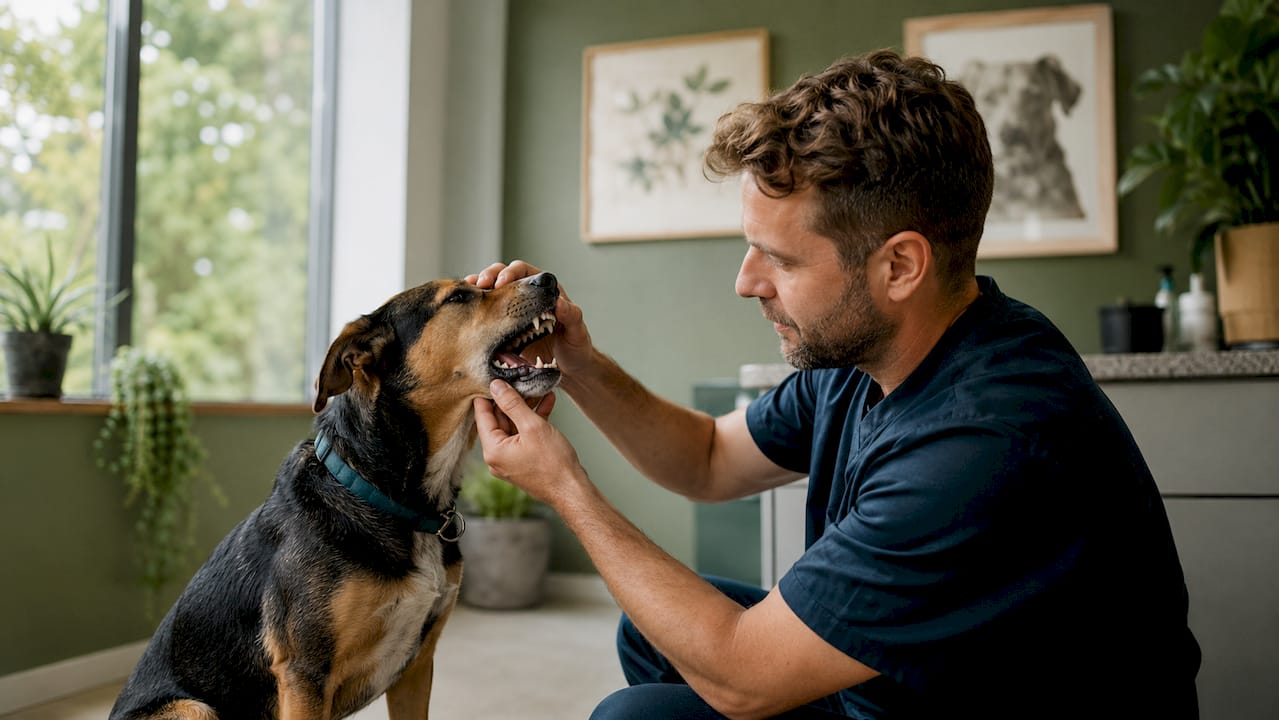Der Tierarzt schaut dem Hund ins Maul, um mögliche Probleme mit der Verdauung festzustellen.
