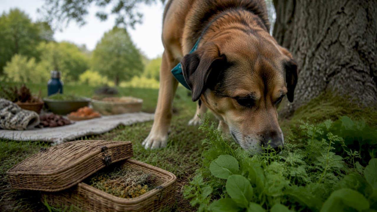 Ein Hund beschnuppert neugierig die gesunden Pflanzen im Garten.