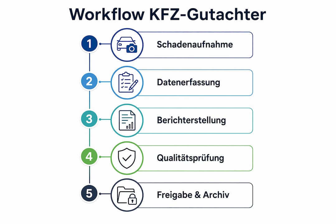 Eine Infografik veranschaulicht die fünf zentralen Schritte im Workflow der Content-Erstellung.