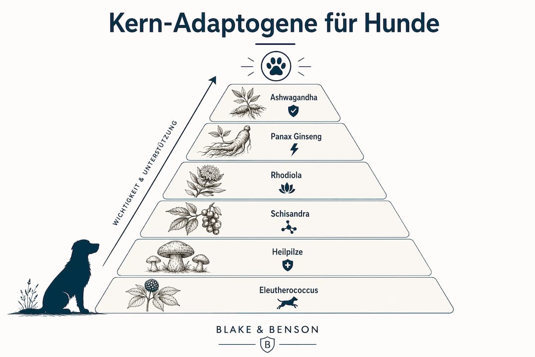 Die Infografik stellt die wichtigsten Adaptogene für Hunde übersichtlich in Form einer Pyramide dar.
