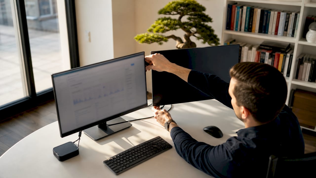 Zwei Monitore werden von Hand für die GEO-Content-Arbeitsumgebung eingerichtet.