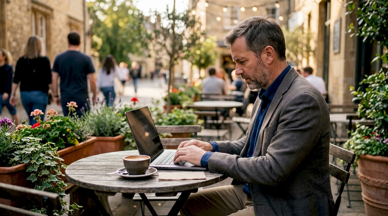 Ein Mann sitzt im Café und arbeitet an einem Blogbeitrag zum Thema Content-Marketing.