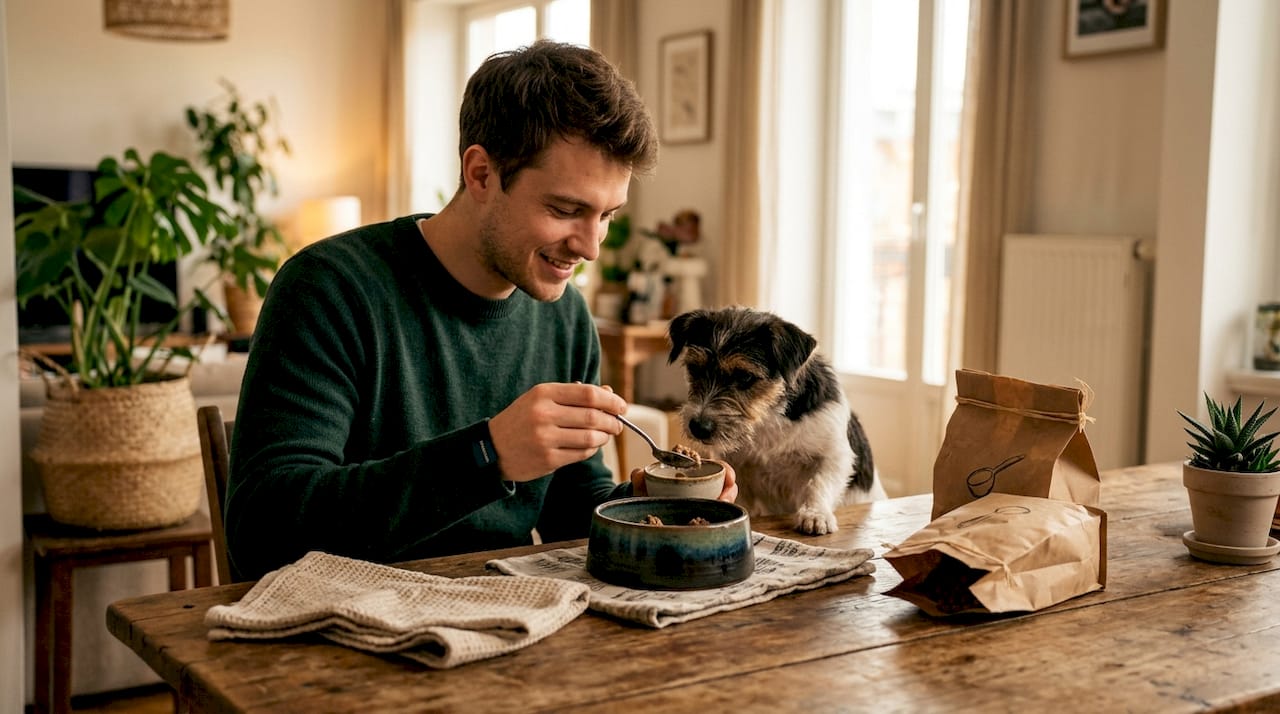 Ein Mann füttert seinen kleinen Hund morgens und abends in seiner Wohnung.