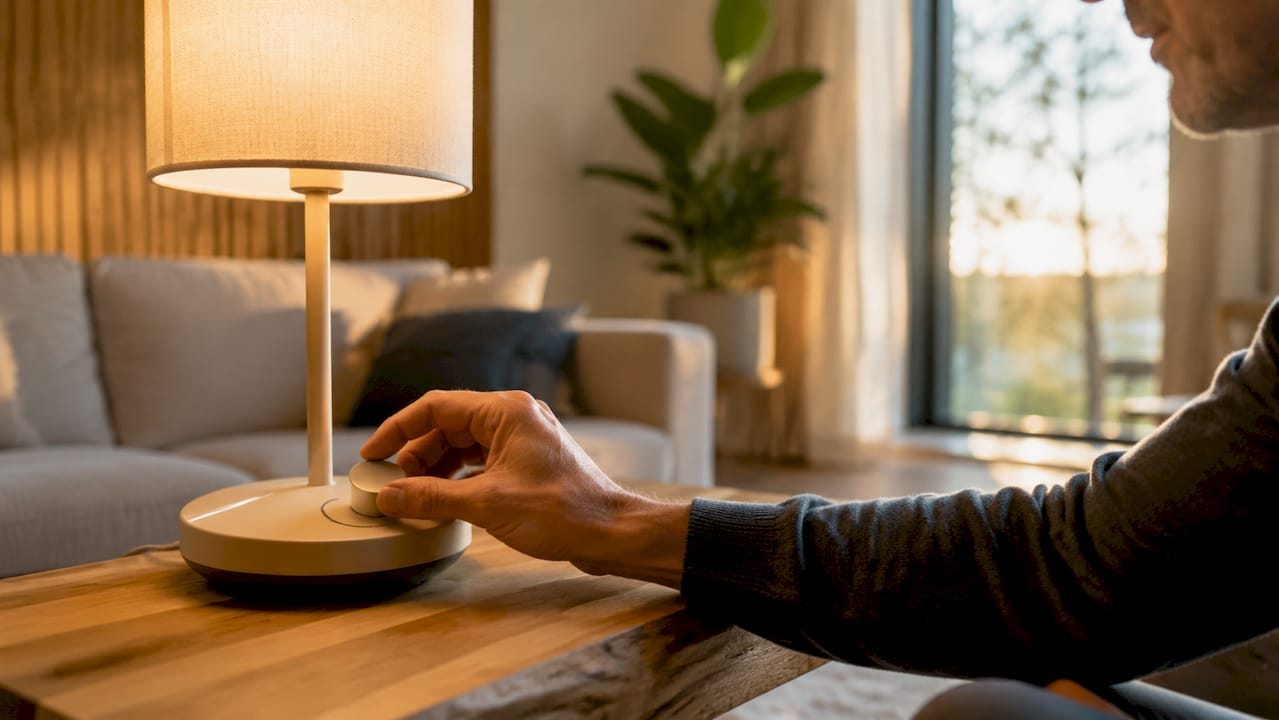 Mit der Hand lässt sich die Farbtemperatur der Tischlampe stufenlos einstellen.