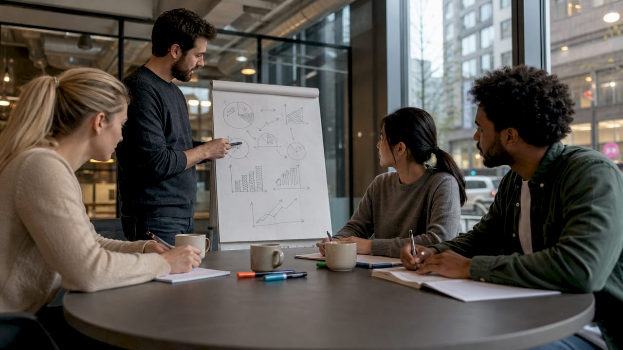 Im Besprechungsraum tauscht sich das Team über die Ziele des Marketing-Audits aus.