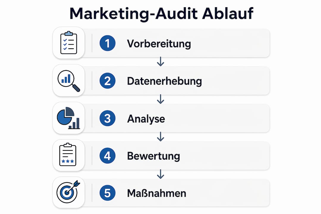 Grafik mit einer anschaulichen Übersicht der einzelnen Schritte eines Marketing-Audits