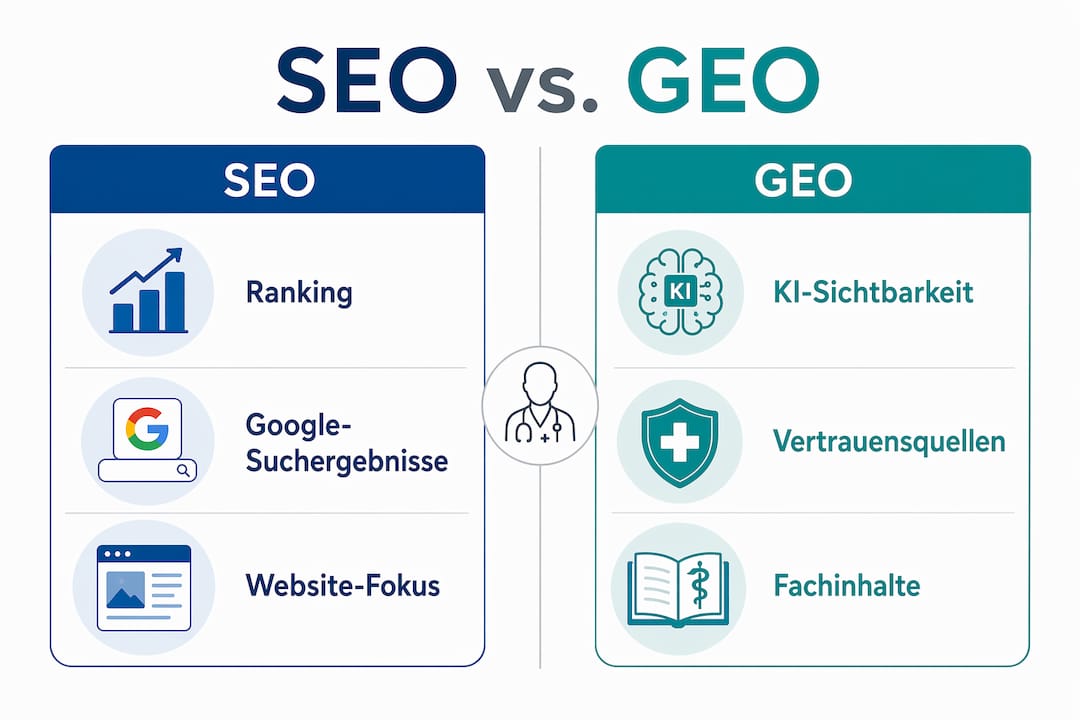 Vergleichsgrafik: SEO vs. GEO – Was bringt Arztpraxen mehr Sichtbarkeit?