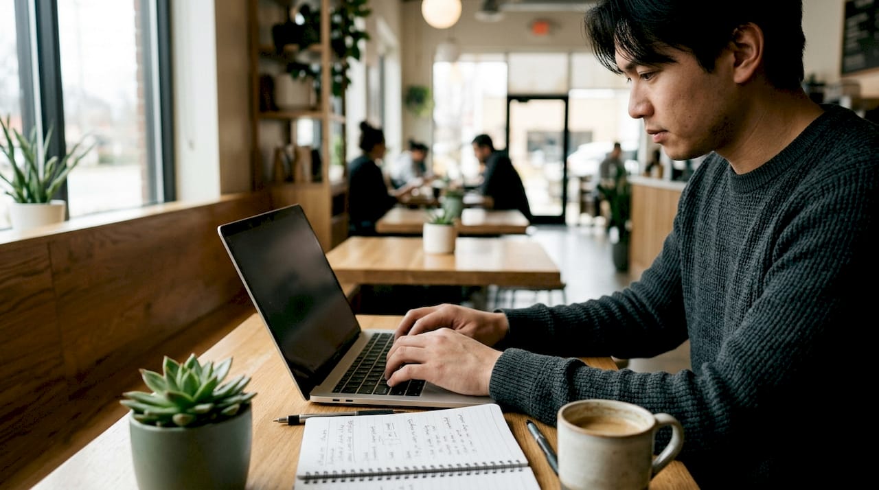 Jemand arbeitet am Laptop und erstellt Werbung mit künstlicher Intelligenz.