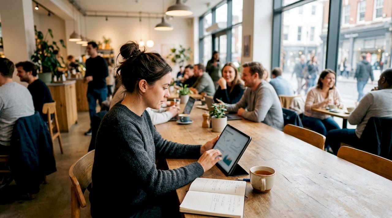 Eine Frau arbeitet am Tablet und analysiert aktuelle E-Commerce-Daten.