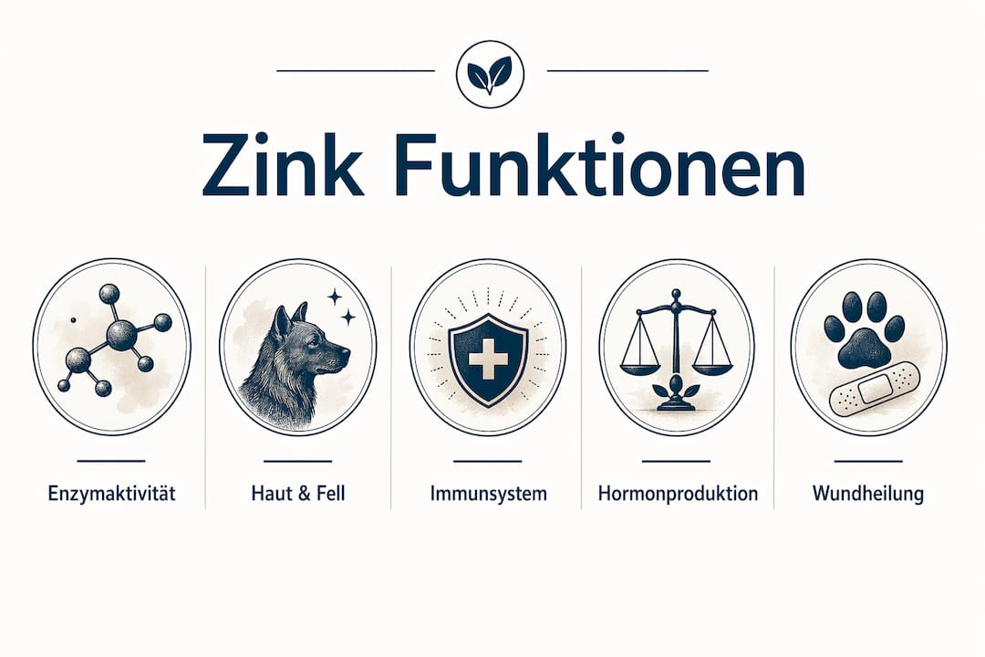Die Infografik veranschaulicht, welche Aufgaben Zink im Körper von Hunden übernimmt.