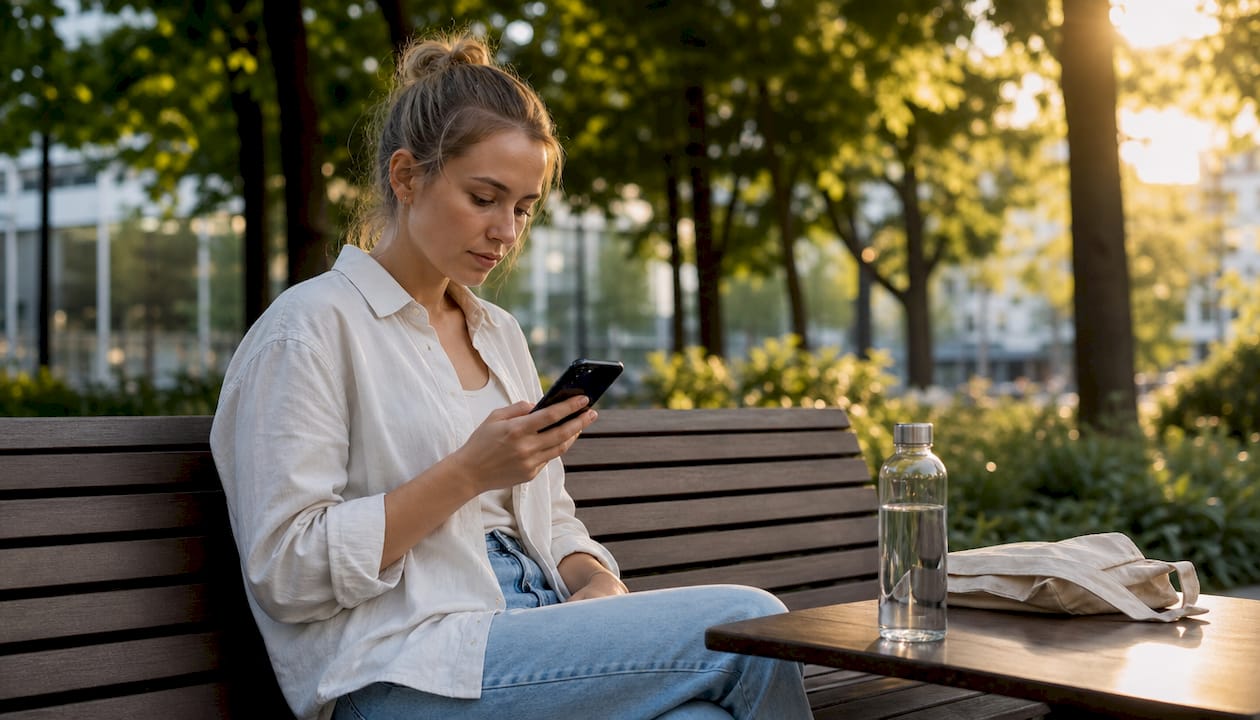 Eine Frau stöbert gemütlich im Café mit ihrem Smartphone durch Online-Shops.