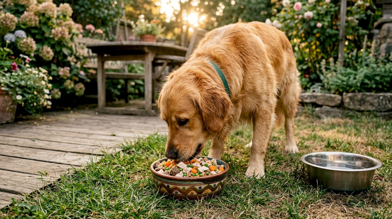 Ein Golden Retriever genießt hochwertiges, ausgewogenes Futter mit natürlichen Zutaten.
