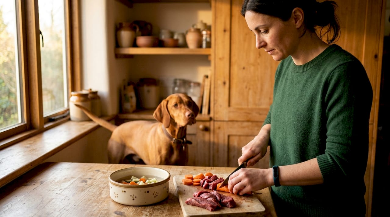 Hundehalter bereiten nährstoffreiches Futter für ihre Vierbeiner zu.
