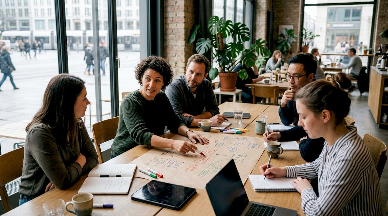 Das Team wirft gemeinsam einen Blick auf das Marketing-Dashboard und wertet die aktuellen Zahlen aus.