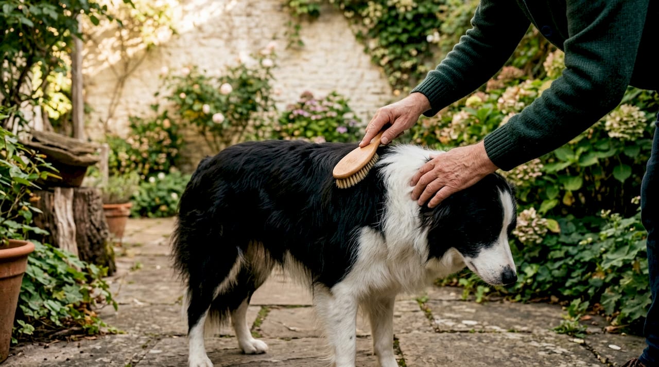 Draußen streichen Hände sanft durch das weiche Fell eines Border Collies.