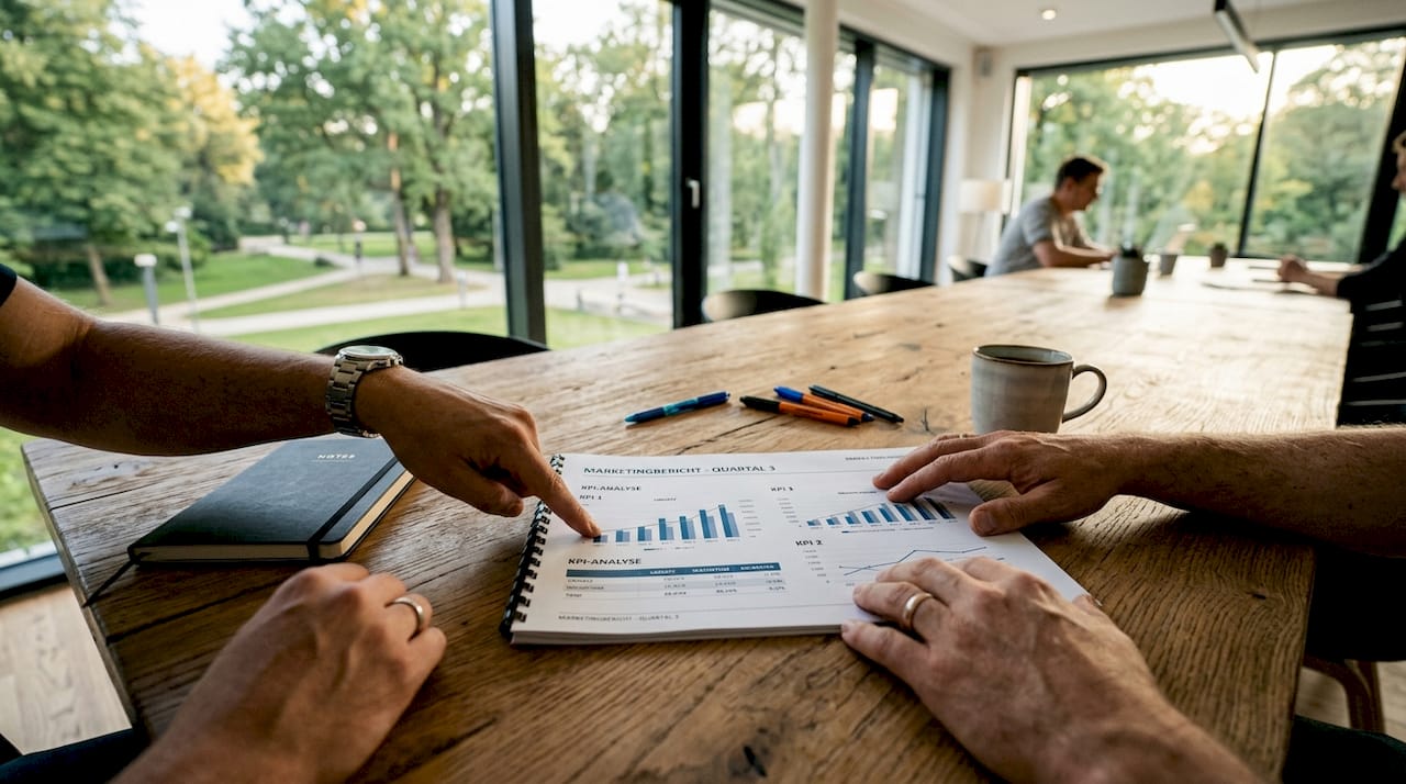 Mehrere Hände zeigen auf einen Marketing-KPI-Bericht, der auf dem Schreibtisch liegt.