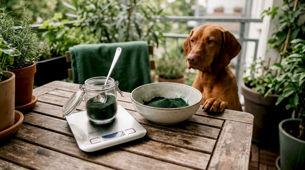 Nahaufnahme von Spirulina-Pulver, daneben eine Hundepfote und eine Waage.