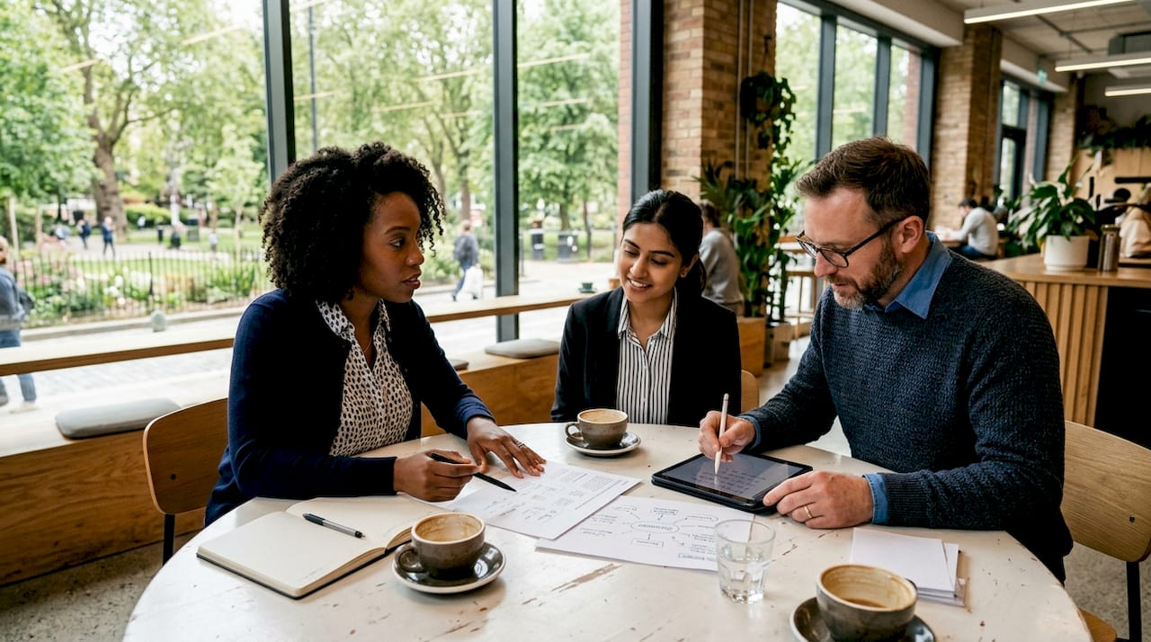 Das Team entwickelt in einer Besprechung eine Strategie, um bestehende Inhalte wiederzuverwenden.