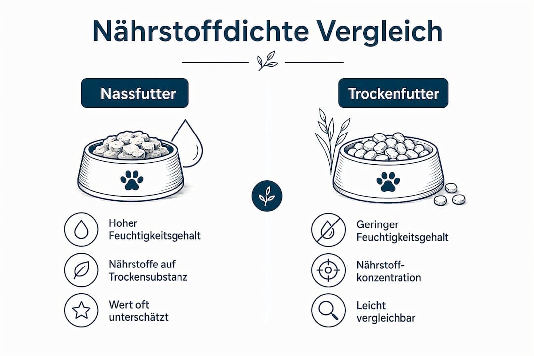 Grafik zum direkten Vergleich der Nährstoffgehalte von Nass- und Trockenfutter