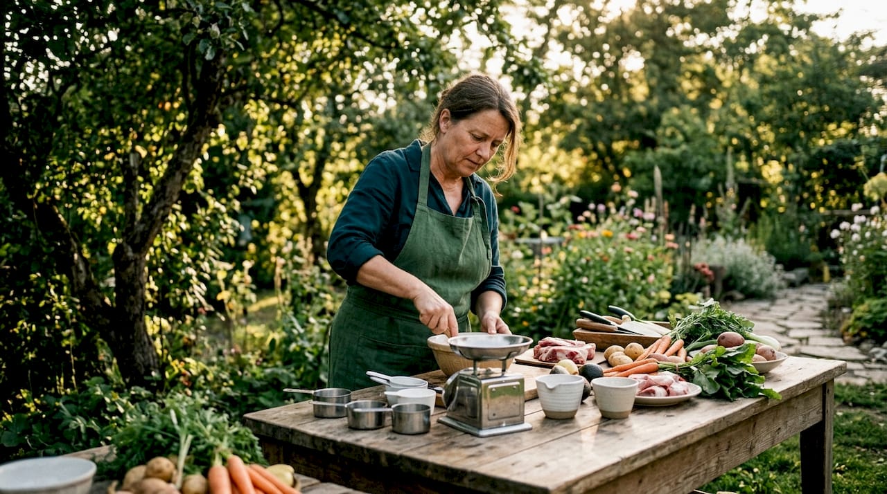 Mit den Händen wird das Hundefutter portioniert und die Zutaten abgemessen.