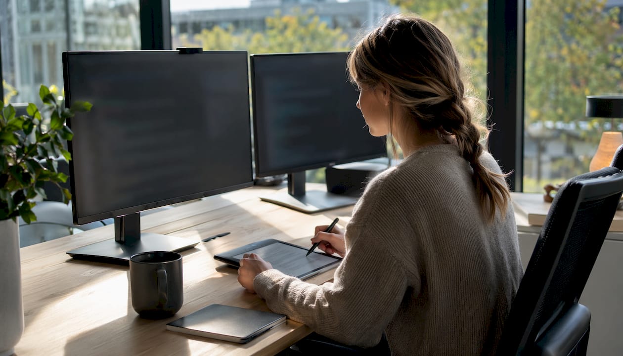 Eine Frau wertet in ihrem Homeoffice die Statistiken ihrer Webseite aus.