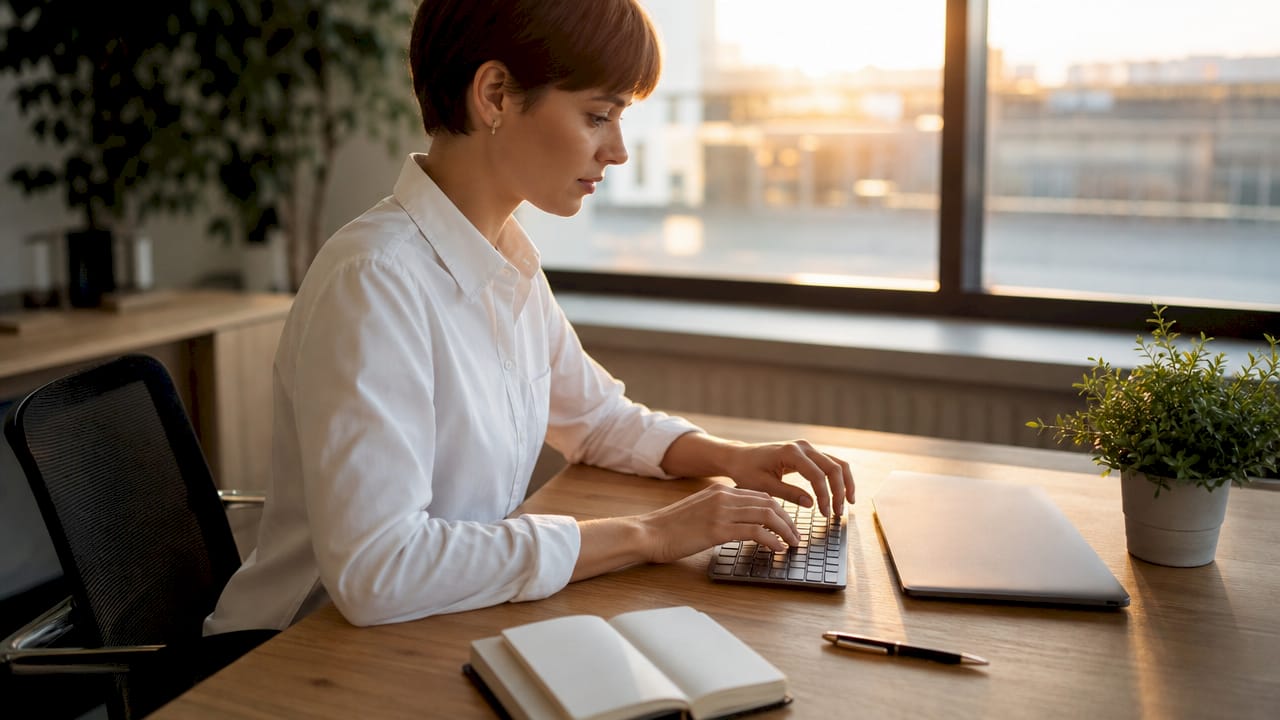 Hände tippen auf einer Tastatur, während verschiedene SEO-Tools griffbereit liegen.