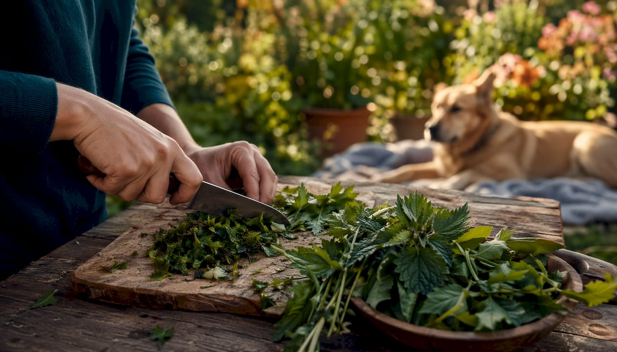 Frische Kräuter werden von Hand für den Hund geschnitten.