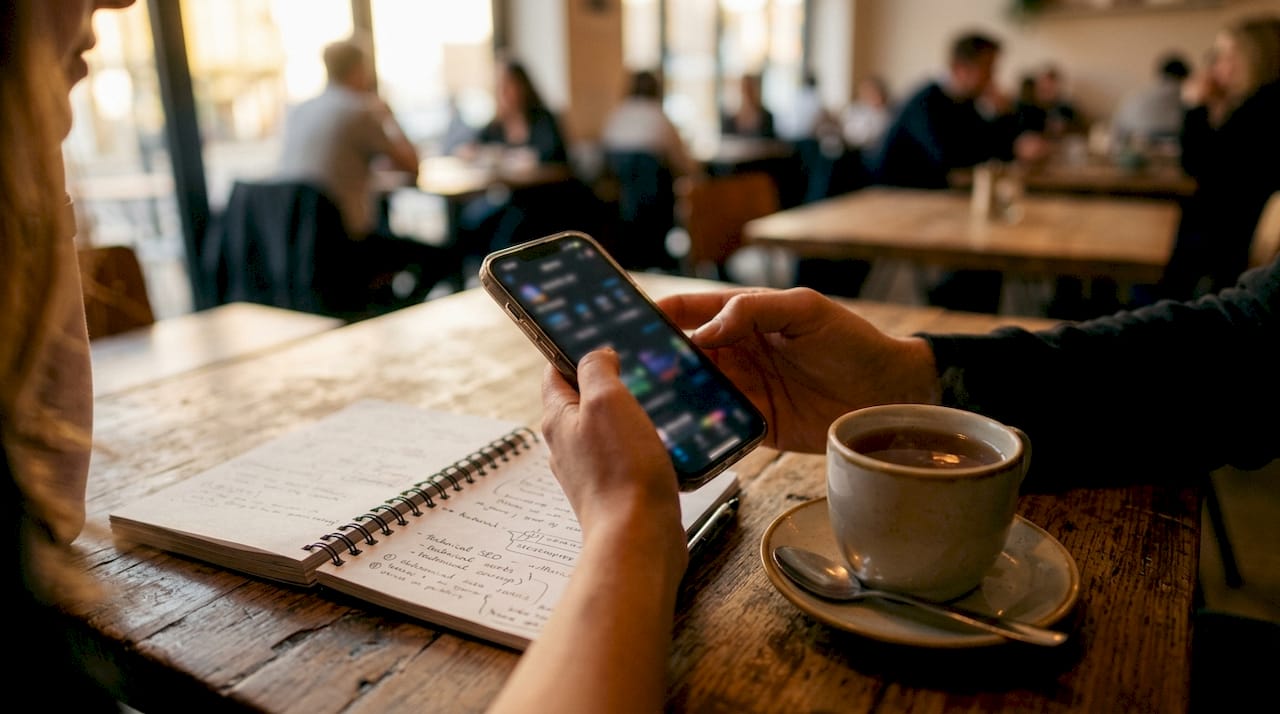 Mit dem Smartphone wird gerade eine SEO-Analyse überprüft – die Hände navigieren durch die wichtigsten Ergebnisse.